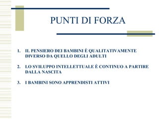 PUNTI DI FORZA
1.

IL PENSIERO DEI BAMBINI È QUALITATIVAMENTE
DIVERSO DA QUELLO DEGLI ADULTI

2.

LO SVILUPPO INTELLETTUALE È CONTINUO A PARTIRE
DALLA NASCITA

3.

I BAMBINI SONO APPRENDISTI ATTIVI

 