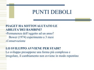 PUNTI DEBOLI
PIAGET HA SOTTOVALUTATO LE
ABILITA’DEI BAMBINI?
-Permanenza dell’oggetto ad un anno?
Bower (1974) esperimento a 3 mesi
-Conservazione
LO SVILUPPO AVVIENE PER STADI?
Lo sviluppo presuppone una forma più complessa e
irregolare, il cambiamento non avviene in modo repentino

 