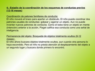 4.- Estadio de la coordinación de los esquemas de conductas previos (12-18 meses)   Coordinación de patones familiares de conducta: El niño moverá el brazo para apartar un obstáculo. El niño puede coordinar dos patrones usuales de conductas: golpear y agarrar un objeto. Aun no puede inventar nuevos patrones de conducta. Como el bebe tiene un objeto en mente (intención) anterior a la acción, Piaget califica esa conducta como una señal de  inteligencia.  Permanencia del objeto: Búsqueda de objetos totalmente ocultos (8-12 meses)   El niño ahora buscara objetos totalmente ocultos, aun cuando otra persona lo haya escondido. Pero el niño no presta atención al desplazamiento del objeto a un segundo lugar y buscara donde primero lo encontró.  