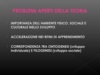 PROBLEMI APERTI DELLA TEORIA


IMPORTANZA DELL’AMBIENTE FISICO, SOCIALE E
CULTURALE NELLO SVILUPPO



ACCELERAZIONE NEI RITMI DI APPRENDIMENTO



CORRISPONDENZA TRA ONTOGENESI (sviluppo
individuale) E FILOGENESI (sviluppo sociale)

 