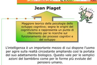 Jean Piaget
L’intelligenza è un importante mezzo di cui dispone l’uomo
per agire sulla realtà circostante ampliando così la portata
del suo adattamento biologico. Questo vale per le semplici
azioni del bambibno come per le forme più evolute del
pensiero umano.
Maggiore teorico della psicologia dello
sviluppo cognitivo; segna le origini del
cognitivismo e rappresenta un punto di
riferimento per le ricerche sul
funzionamento dei processi cognitivi e
del sviluppo
 