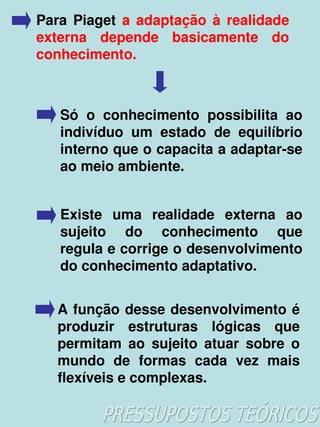 Para  Piaget  a  adaptação  à  realidade 
    externa  depende  basicamente  do 
    conhecimento.



       Só  o  conhecimento  possibilita  ao 
       indivíduo  um  estado  de  equilíbrio 
       interno que o capacita a adaptar­se 
       ao meio ambiente.


       Existe  uma  realidade  externa  ao 
       sujeito  do  conhecimento  que 
       regula e corrige o desenvolvimento 
       do conhecimento adaptativo.


       A função desse desenvolvimento é 
       produzir  estruturas  lógicas  que 
       permitam  ao  sujeito  atuar  sobre  o 
       mundo  de  formas  cada  vez  mais 
       flexíveis e complexas.
                        
 