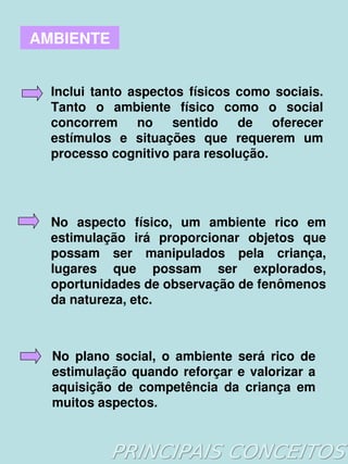 AMBIENTE


      Inclui  tanto  aspectos  físicos  como  sociais. 
      Tanto  o  ambiente  físico  como  o  social 
      concorrem  no  sentido  de  oferecer 
      estímulos  e  situações  que  requerem  um 
      processo cognitivo para resolução. 




      No  aspecto  físico,  um  ambiente  rico  em 
      estimulação  irá  proporcionar  objetos  que 
      possam  ser  manipulados  pela  criança, 
      lugares  que  possam  ser  explorados, 
      oportunidades de observação de fenômenos 
      da natureza, etc. 



      No  plano  social,  o  ambiente  será  rico  de 
      estimulação  quando  reforçar  e  valorizar  a 
      aquisição  de  competência  da  criança  em 
      muitos aspectos.

                            
 