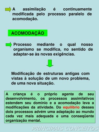 A    assimilação     é   continuamente 
   modificada  pelo  processo  paralelo  de 
   acomodação.


   ACOMODAÇÃO

    Processo  mediante  o  qual  nosso 
    organismo  se  modifica,  no  sentido  de 
    adaptar­se às novas exigências.



   Modificação  de  estruturas  antigas  com 
   vistas  à  solução  de  um  novo  problema, 
   de uma nova situação.

A  criança  é  o  próprio  agente  de  seu 
desenvolvimento,  os  processos  assimilativos 
estendem  seu  domínio  e  a  acomodação  leva  a 
modificações  da  atividade.  Do  equilíbrio  desses 
dois  processos  advém  uma  adaptação  ao  mundo 
cada  vez  mais  adequada  e  uma  conseqüente 
organização mental.
                          
 