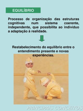 EQUILÍBRIO

    Processo  de  organização  das  estruturas 
    cognitivas    num     sistema        coerente, 
    independente,  que  possibilita  ao  indivíduo 
    a adaptação à realidade.



      Restabelecimento do equilíbrio entre o 
         entendimento presente e novas 
                  experiências.




                          
 