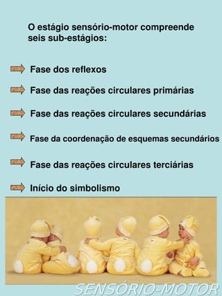 O estágio sensório­motor compreende 
    seis sub­estágios:


    Fase dos reflexos

    Fase das reações circulares primárias

    Fase das reações circulares secundárias

    Fase da coordenação de esquemas secundários


    Fase das reações circulares terciárias

    Início do simbolismo




                         
 