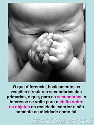 O que diferencia, basicamente, as 
      reações circulares secundárias das 
    primárias, é que, para as secundárias, o 
     interesse se volta para o efeito sobre 
     os objetos da realidade exterior e não 
        somente na atividade como tal.
                         
 