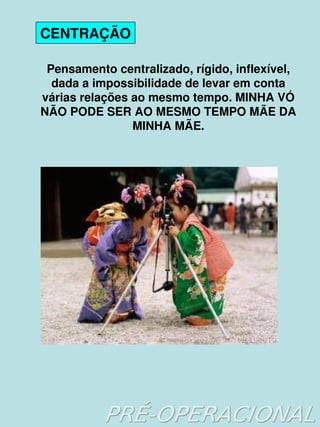 CENTRAÇÃO

     Pensamento centralizado, rígido, inflexível, 
      dada a impossibilidade de levar em conta 
    várias relações ao mesmo tempo. MINHA VÓ 
    NÃO PODE SER AO MESMO TEMPO MÃE DA 
                    MINHA MÃE.




                          
 