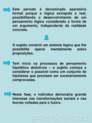 Este  período  é  denominado  operatório 
    formal  porque  a  lógica  extrapola  o  real, 
    possibilitando  o  desenvolvimento  de  um 
    pensamento  lógico  considerado  a  forma  de 
    um  argumento,  independente  da  realidade 
    concreta.



    O sujeito constrói um sistema lógico que lhe 
    possibilita  operar  mentalmente  sobre 
    proposições.

    Tem  início  os  processos  de  pensamento 
    hipotético  dedutivos  –  o  sujeito  começa  a 
    considerar  o  possível  como  um  conjunto  de 
    hipóteses  que  precisam  ser  sucessivamente 
    comprovadas.



    Nesta  fase,  o  indivíduo  demonstra  grande 
    interesse  nas  transformações  sociais  e  nas 
    teorias voltadas para o futuro.


                          
 