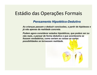 Estádio	
  das	
  Operações	
  Formais	
  

    As crianças passam a deduzir conclusões, a partir de hipóteses e
    já não apenas da realidade concreta.
    Podem agora considerar estados hipotéticos, que podem ser ou
    não reais, e pensar de forma dedutiva o que aconteceria se
    fossem verdadeiros, como seriam as coisas se certas
    possibilidades se tornassem realidade.
 
