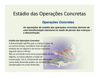 Estádio	
  das	
  Operações	
  Concretas	
  

                        As aquisições do estádio das operações concretas derivam de
                        uma transformação estrutural no modo de pensar das crianças –
                        a descentração.


Estádio	
  das	
  Operações	
  Concretas:	
  
A	
  descentração	
  signiﬁca	
  que	
  a	
  criança	
  é	
  capaz	
  de,	
  
ao	
  mesmo	
  tempo,	
  considerar	
  mais	
  do	
  que	
  um	
  
atributo	
  de	
  um	
  objecto	
  e	
  de	
  formar	
  conceitos	
  
segundo	
  vários	
  critérios.	
  
Não	
  se	
  centrando	
  numa	
  única	
  propriedade	
  de	
  um	
  
objecto,	
  a	
  criança	
  adquire	
  a	
  noção	
  de	
  
conservação,	
  isto	
  é,	
  compreende	
  que	
  alterações	
  
numa	
  dada	
  dimensão	
  podem	
  ser	
  anuladas	
  ou	
  
compensadas	
  em	
  outra	
  dimensão.	
  
 