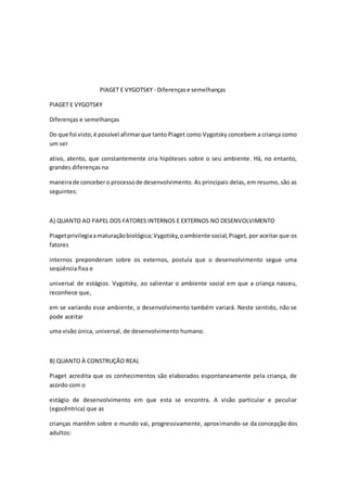 PIAGET E VYGOTSKY - Diferençase semelhanças
PIAGET E VYGOTSKY
Diferenças e semelhanças
Do que foi visto,é possível afirmarque tanto Piaget como Vygotsky concebem a criança como
um ser
ativo, atento, que constantemente cria hipóteses sobre o seu ambiente. Há, no entanto,
grandes diferenças na
maneirade concebero processode desenvolvimento. As principais delas, em resumo, são as
seguintes:
A) QUANTO AO PAPEL DOS FATORES INTERNOS E EXTERNOS NO DESENVOLVIMENTO
Piagetprivilegiaamaturaçãobiológica;Vygotsky,oambiente social,Piaget, por aceitar que os
fatores
internos preponderam sobre os externos, postula que o desenvolvimento segue uma
seqüência fixa e
universal de estágios. Vygotsky, ao salientar o ambiente social em que a criança nasceu,
reconhece que,
em se variando esse ambiente, o desenvolvimento também variará. Neste sentido, não se
pode aceitar
uma visão única, universal, de desenvolvimento humano.
B) QUANTO À CONSTRUÇÃO REAL
Piaget acredita que os conhecimentos são elaborados espontaneamente pela criança, de
acordo com o
estágio de desenvolvimento em que esta se encontra. A visão particular e peculiar
(egocêntrica) que as
crianças mantêm sobre o mundo vai, progressivamente, aproximando-se da concepção dos
adultos:
 