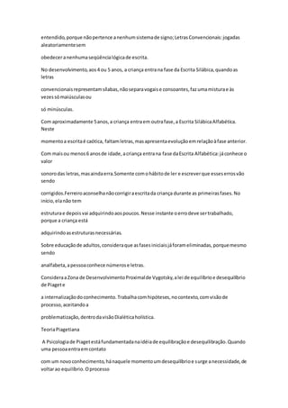 entendido,porque nãopertence anenhumsistemade signo;LetrasConvencionais:jogadas
aleatoriamentesem
obedeceranenhumaseqüêncialógicade escrita.
No desenvolvimento,aos4 ou 5 anos, a criança entrana fase da Escrita Silábica,quandoas
letras
convencionaisrepresentamsílabas,nãoseparavogaise consoantes,fazumamisturae às
vezessómaiúsculasou
só minúsculas.
Com aproximadamente 5anos,a criança entraem outrafase,a Escrita SilábicaAlfabética.
Neste
momentoa escritaé caótica, faltamletras,masapresentaevoluçãoemrelaçãoàfase anterior.
Com maisou menos6 anosde idade,acriança entrana fase daEscrita Alfabética:jáconhece o
valor
sonorodas letras,masaindaerra.Somente comohábitode ler e escreverque esseserrosvão
sendo
corrigidos.Ferreiroaconselhanãocorrigiraescritada criança durante as primeirasfases.No
início,elanão tem
estruturae depoisvai adquirindoaospoucos.Nesse instante oerrodeve sertrabalhado,
porque a criança está
adquirindoasestruturasnecessárias.
Sobre educaçãode adultos,consideraque asfasesiniciaisjáforameliminadas,porquemesmo
sendo
analfabeta,apessoaconhece númerose letras.
ConsideraaZona de DesenvolvimentoProximalde Vygotsky,alei de equilíbrioe desequilíbrio
de Piagete
a internalizaçãodoconhecimento.Trabalhacomhipóteses,nocontexto,comvisãode
processo,aceitandoa
problematização,dentrodavisãoDialéticaholística.
TeoriaPiagetiana
A Psicologiade Piagetestáfundamentadanaidéiade equilibraçãoe desequilibração.Quando
uma pessoaentraemcontato
com um novoconhecimento,hánaquele momentoumdesequilíbrioe surge anecessidade,de
voltarao equilíbrio.Oprocesso
 