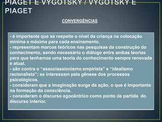 CONVERGÊNCIAS
- é importante que se respeite o nível da criança na colocação
mínima e máxima para cada ensinamento.
- representam marcos teóricos nas pesquisas da construção do
conhecimento, sendo necessário o diálogo entre ambas teorias
para que tenhamos uma teoria do conhecimento sempre renovada
e atual.
- são contra o “associassionismo empirista” e “idealismo
racionalista”; se interessam pela gênese dos processos
psicológicos.
- consideram que a imaginação surge da ação, o que é importante
na formação da consciência.
- consideram o discurso egocêntrico como ponto de partida do
discurso interior.
 