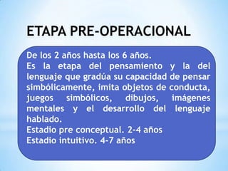 ETAPA PRE-OPERACIONAL
De los 2 años hasta los 6 años.
Es la etapa del pensamiento y la del
lenguaje que gradúa su capacidad de pensar
simbólicamente, imita objetos de conducta,
juegos simbólicos, dibujos, imágenes
mentales y el desarrollo del lenguaje
hablado.
Estadio pre conceptual. 2-4 años
Estadio intuitivo. 4-7 años
 