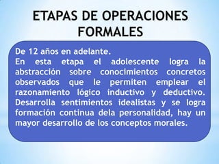ETAPAS DE OPERACIONES
          FORMALES
De 12 años en adelante.
En esta etapa el adolescente logra la
abstracción sobre conocimientos concretos
observados que le permiten emplear el
razonamiento lógico inductivo y deductivo.
Desarrolla sentimientos idealistas y se logra
formación continua dela personalidad, hay un
mayor desarrollo de los conceptos morales.
 