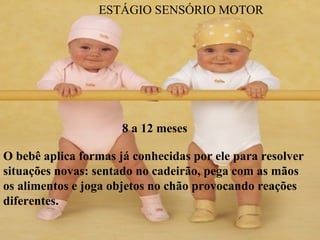 O bebê aplica formas já conhecidas por ele para resolver
situações novas: sentado no cadeirão, pega com as mãos
os alimentos e joga objetos no chão provocando reações
diferentes.
8 a 12 meses
ESTÁGIO SENSÓRIO MOTOR
 