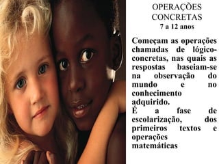 Começam as operações
chamadas de lógico-
concretas, nas quais as
respostas baseiam-se
na observação do
mundo e no
conhecimento
adquirido.
É a fase de
escolarização, dos
primeiros textos e
operações
matemáticas.
OPERAÇÕES
CONCRETAS
7 a 12 anos
 