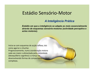 Estádio	
  Sensório-­‐Motor	
  

                      Estádio em que a inteligência se adapta ao meio essencialmente
                      através de esquemas sensório-motores (actividade perceptiva e
                      actos motores).




Inicia-­‐se	
  com	
  esquemas	
  de	
  acção	
  reﬂexa,	
  tais	
  
como	
  agarrar	
  e	
  chuchar.	
  
Progressivamente,	
  numa	
  coordenação	
  motora	
  
cada	
  vez	
  maior	
  e	
  alimentada	
  pela	
  curiosidade	
  
(desequilíbrio	
  cogni(vo)	
  a	
  criança	
  vai	
  
desenvolvendo	
  formas	
  de	
  comportamento	
  mais	
  
complexas.	
  
 