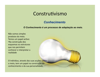 Constru(vismo	
  

                        O Conhecimento é um processo de adaptação ao meio.

Não	
  somos	
  simples	
  
produtos	
  do	
  meio.	
  
Temos	
  um	
  papel	
  ac(vo:	
  
• Na	
  construção	
  dos	
  
esquemas	
  ou	
  estruturas	
  
que	
  nos	
  permitem	
  
conhecer	
  e	
  interpretar	
  a	
  
realidade	
  


O	
  indivíduo,	
  através	
  das	
  suas	
  acções	
  sobre	
  
o	
  meio,	
  tem	
  um	
  papel	
  na	
  construção	
  do	
  
conhecimento	
  e	
  da	
  sua	
  personalidade.	
  
 