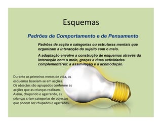 Esquemas	
  

                        Padrões de acção e categorias ou estruturas mentais que
                        organizam a interacção do sujeito com o meio.
                        A adaptação envolve a construção de esquemas através da
                        interacção com o meio, graças a duas actividades
                        complementares: a assimilação e a acomodação.


Durante	
  os	
  primeiros	
  meses	
  de	
  vida,	
  os	
  
esquemas	
  baseiam-­‐se	
  em	
  acções.	
  
Os	
  objectos	
  são	
  agrupados	
  conforme	
  as	
  
acções	
  que	
  as	
  crianças	
  realizam.	
  
Assim,	
  chupando	
  e	
  agarrando,	
  as	
  
crianças	
  criam	
  categorias	
  de	
  objectos	
  
que	
  podem	
  ser	
  chupados	
  e	
  agarrados.	
  
 