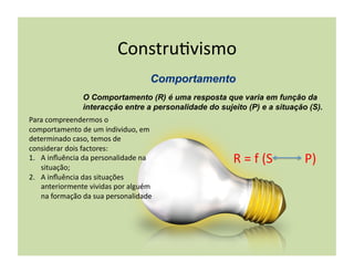 Constru(vismo	
  

                      O Comportamento (R) é uma resposta que varia em função da
                      interacção entre a personalidade do sujeito (P) e a situação (S).
Para	
  compreendermos	
  o	
  
comportamento	
  de	
  um	
  individuo,	
  em	
  
determinado	
  caso,	
  temos	
  de	
  
considerar	
  dois	
  factores:	
  
1.  A	
  inﬂuência	
  da	
  personalidade	
  na	
  
    situação;	
  
                                                              R	
  =	
  f	
  (S	
  	
  	
  	
  	
  	
  	
  	
  	
  	
  P)	
  
2.  A	
  inﬂuência	
  das	
  situações	
  
    anteriormente	
  vividas	
  por	
  alguém	
  
    na	
  formação	
  da	
  sua	
  personalidade	
  
 