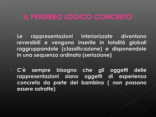 IL PENSIERO LOGICO CONCRETO


Le
rappresentazioni
interiorizzate
diventano
reversibili e vengono inserite in totalità globali
raggruppandole (classificazione) e disponendole
in una sequenza ordinata (seriazione)



C’è sempre bisogno che gli oggetti delle
rappresentazioni siano oggetti di esperienza
concreta da parte del bambino ( non possono
essere astratte)

 