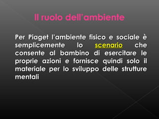 Il ruolo dell’ambiente
Per Piaget l’ambiente fisico e sociale è
semplicemente
lo
scenario
che
consente al bambino di esercitare le
proprie azioni e fornisce quindi solo il
materiale per lo sviluppo delle strutture
mentali

 