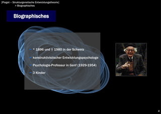 [Piaget – Strukturgenetische Entwicklungstheorie]
            > Biographisches



          Biographisches




                          * 1896 und † 1980 in der Schweiz

                          konstruktivistischer Entwicklungspsychologe

                          Psychologie-Professur in Genf (1929-1954)

                          3 Kinder




                                                                        4
 