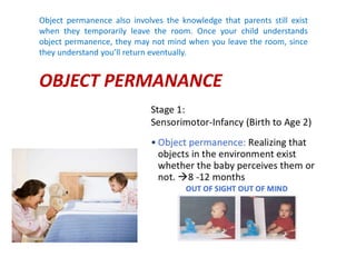 Object permanence also involves the knowledge that parents still exist
when they temporarily leave the room. Once your child understands
object permanence, they may not mind when you leave the room, since
they understand you’ll return eventually.
OBJECT PERMANANCE
 