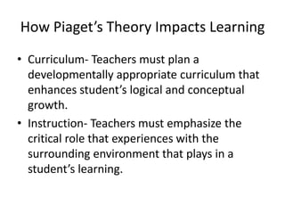 How Piaget’s Theory Impacts LearningCurriculum- Teachers must plan a developmentally appropriate curriculum that enhances student’s logical and conceptual growth.Instruction- Teachers must emphasize the critical role that experiences with the surrounding environment that plays in a student’s learning.