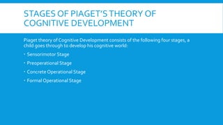 STAGES OF PIAGET’STHEORY OF
COGNITIVE DEVELOPMENT
Piaget theory of Cognitive Development consists of the following four stages, a
child goes through to develop his cognitive world:
 Sensorimotor Stage
 Preoperational Stage
 Concrete Operational Stage
 Formal Operational Stage
 