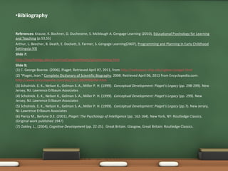 Bibliography References:  Krause, K. Bochner, D. Duchesene, S. McMaugh A. Cengage Learning (2010),  Educational Psychology for Learning and Teaching  (p.53,55) Arthur, L. Beecher, B. Death, E. Dockett, S. Farmer, S. Cengage Learning(2007),  Programming and Planning in Early Childhood Settings(p.93) Slide 7: http://psychology.about.com/od/piagetstheory/p/concreteop.htm Slide 9; (1) C. George Boeree. (2006). Piaget. Retrieved April 07, 2011, from  http://webspace.ship.edu/cgboer/piaget.html   (2) "Piaget, Jean."  Complete Dictionary of Scientific Biography . 2008. Retrieved April 06, 2011 from Encyclopedia.com: http://www.encyclopedia.com/doc/1G2-2830906004.html (3) Scholnick. E. K., Nelson K., Gelman S. A., Miller P. H. (1999).   Conceptual Development: Piaget’s Legacy  (pp. 298-299) .  New Jersey, NJ: Lawrence Erlbaum Associates (4) Scholnick. E. K., Nelson K., Gelman S. A., Miller P. H. (1999).   Conceptual Development: Piaget’s Legacy  (pp. 299) .  New Jersey, NJ: Lawrence Erlbaum Associates (5) Scholnick. E. K., Nelson K., Gelman S. A., Miller P. H. (1999).   Conceptual Development: Piaget’s Legacy  (pp.7) .  New Jersey, NJ: Lawrence Erlbaum Associates (6) Piercy M., Berlyne D.E. (2001),  Piaget: The Psychology of Intelligence  (pp. 162-164). New York, NY: Routledge Classics. (Original work published 1947) (7) Oakley. L., (2004),  Cognitive Development  (pp. 22-25).  Great Britain. Glasgow, Great Britain: Routledge Classics. 