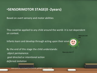 SENSORIMOTOR STAGE(0 -2years) Based on overt sensory and motor abilities This could be applied to any child around the world- it is not dependent on context. Infants learn and develop through acting upon their environment By the end of this stage the child understands: object permanence.   goal directed  or  intentional action deferred imitation http :// www.youtube.com/watch?v=fUIeOUE_gWQ&feature=related   Now you see me Now you don’t ! 