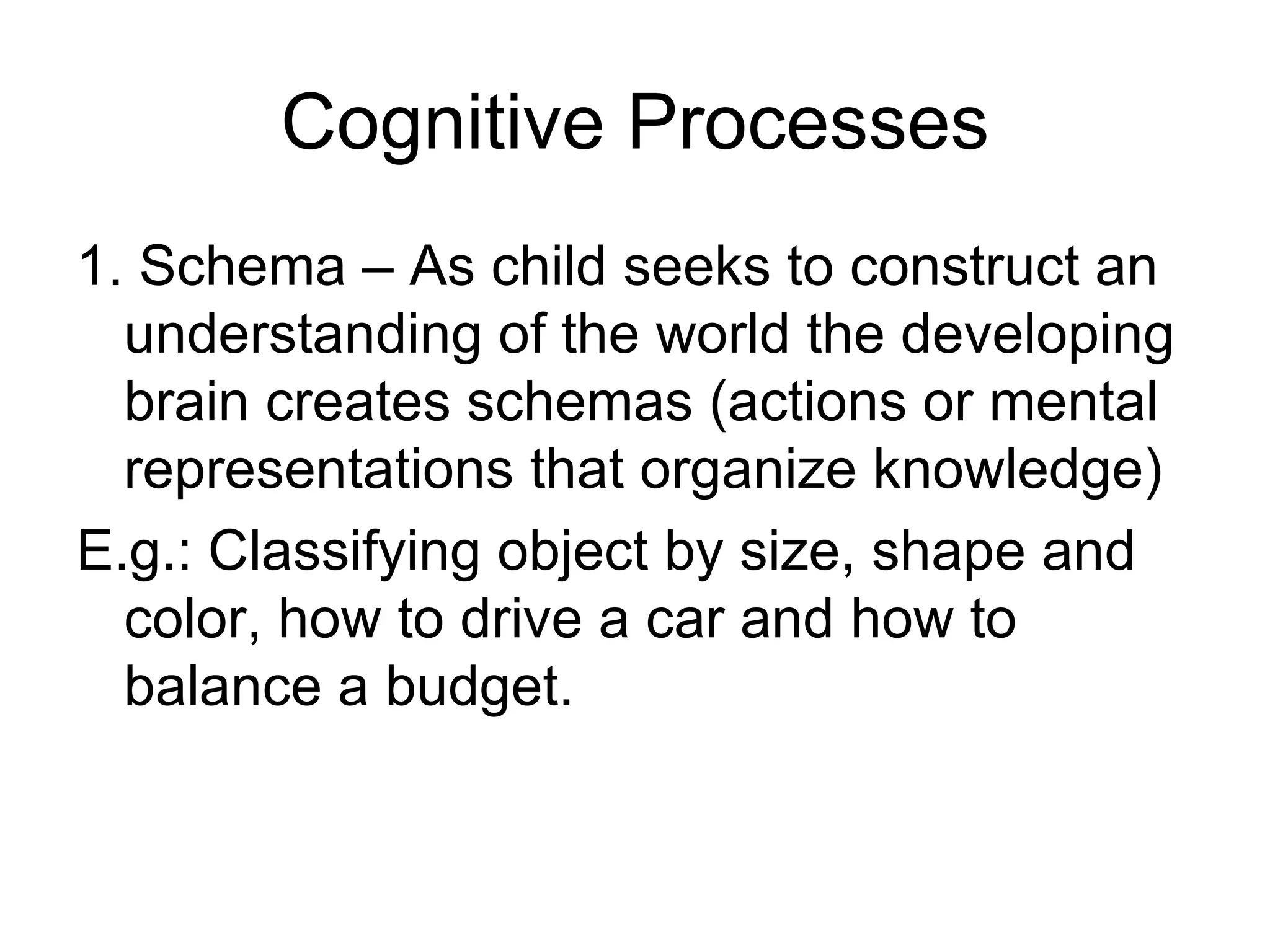 Cognitive Processes 1. Schema – As child seeks to construct an understanding of the world the developing brain creates schemas (actions or mental representations that organize knowledge) E.g.: Classifying object by size, shape and color, how to drive a car and how to balance a budget. 
