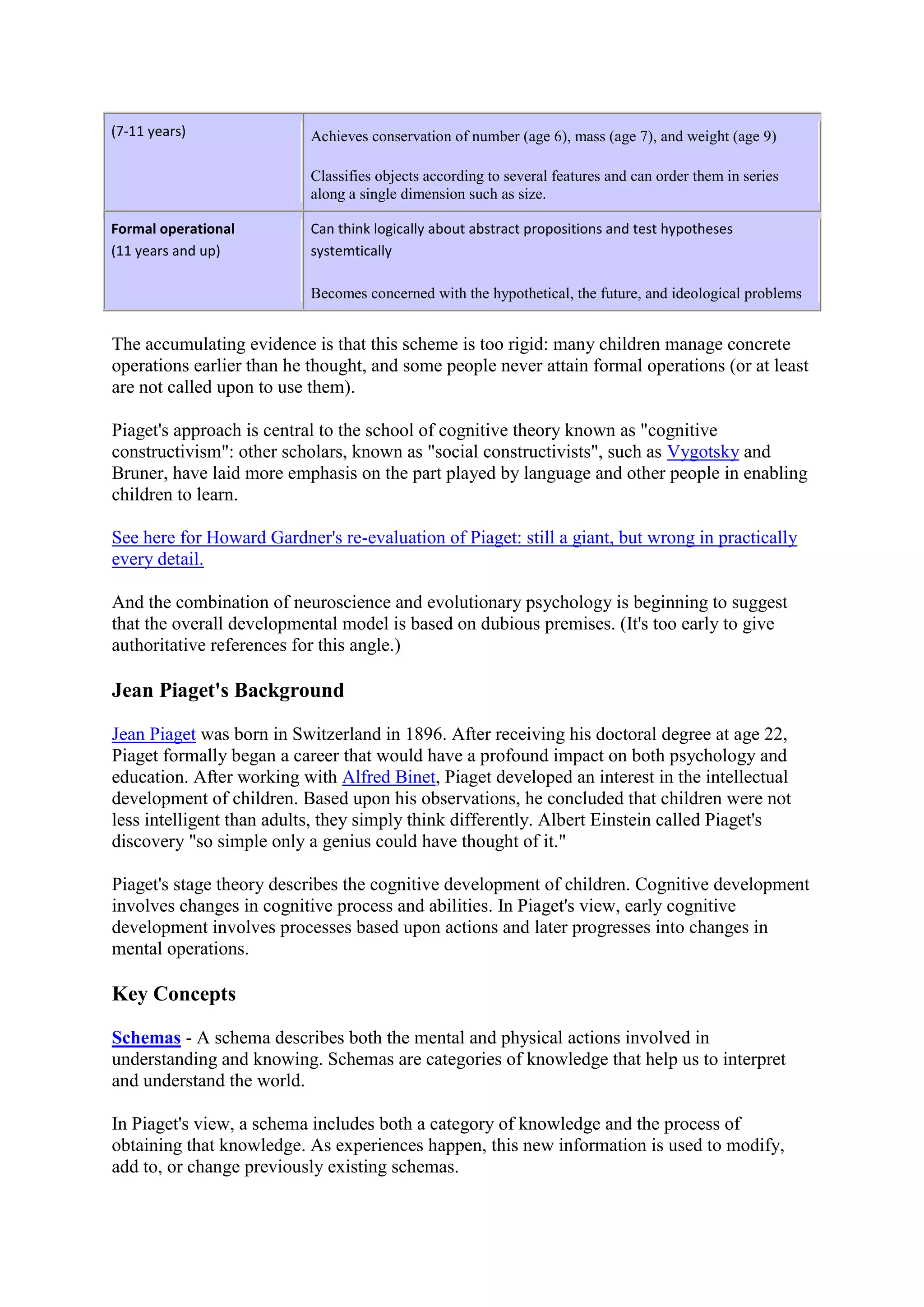 (7-11 years) Achieves conservation of number (age 6), mass (age 7), and weight (age 9)
Classifies objects according to several features and can order them in series
along a single dimension such as size.
Formal operational
(11 years and up)
Can think logically about abstract propositions and test hypotheses
systemtically
Becomes concerned with the hypothetical, the future, and ideological problems
The accumulating evidence is that this scheme is too rigid: many children manage concrete
operations earlier than he thought, and some people never attain formal operations (or at least
are not called upon to use them).
Piaget's approach is central to the school of cognitive theory known as "cognitive
constructivism": other scholars, known as "social constructivists", such as Vygotsky and
Bruner, have laid more emphasis on the part played by language and other people in enabling
children to learn.
See here for Howard Gardner's re-evaluation of Piaget: still a giant, but wrong in practically
every detail.
And the combination of neuroscience and evolutionary psychology is beginning to suggest
that the overall developmental model is based on dubious premises. (It's too early to give
authoritative references for this angle.)
Jean Piaget's Background
Jean Piaget was born in Switzerland in 1896. After receiving his doctoral degree at age 22,
Piaget formally began a career that would have a profound impact on both psychology and
education. After working with Alfred Binet, Piaget developed an interest in the intellectual
development of children. Based upon his observations, he concluded that children were not
less intelligent than adults, they simply think differently. Albert Einstein called Piaget's
discovery "so simple only a genius could have thought of it."
Piaget's stage theory describes the cognitive development of children. Cognitive development
involves changes in cognitive process and abilities. In Piaget's view, early cognitive
development involves processes based upon actions and later progresses into changes in
mental operations.
Key Concepts
Schemas - A schema describes both the mental and physical actions involved in
understanding and knowing. Schemas are categories of knowledge that help us to interpret
and understand the world.
In Piaget's view, a schema includes both a category of knowledge and the process of
obtaining that knowledge. As experiences happen, this new information is used to modify,
add to, or change previously existing schemas.
 