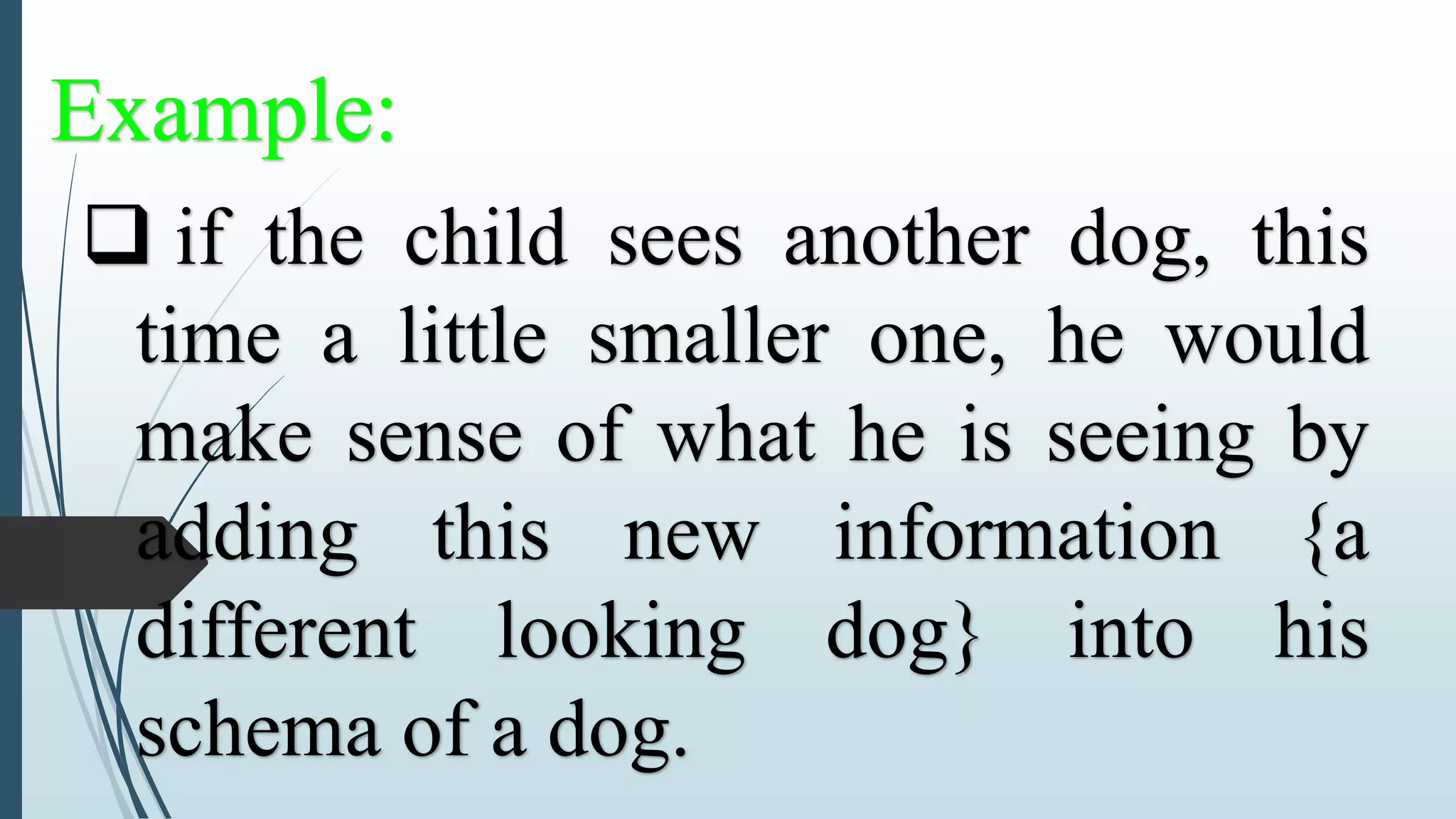 Example:
 if the child sees another dog, this
time a little smaller one, he would
make sense of what he is seeing by
adding this new information {a
different looking dog} into his
schema of a dog.
 
