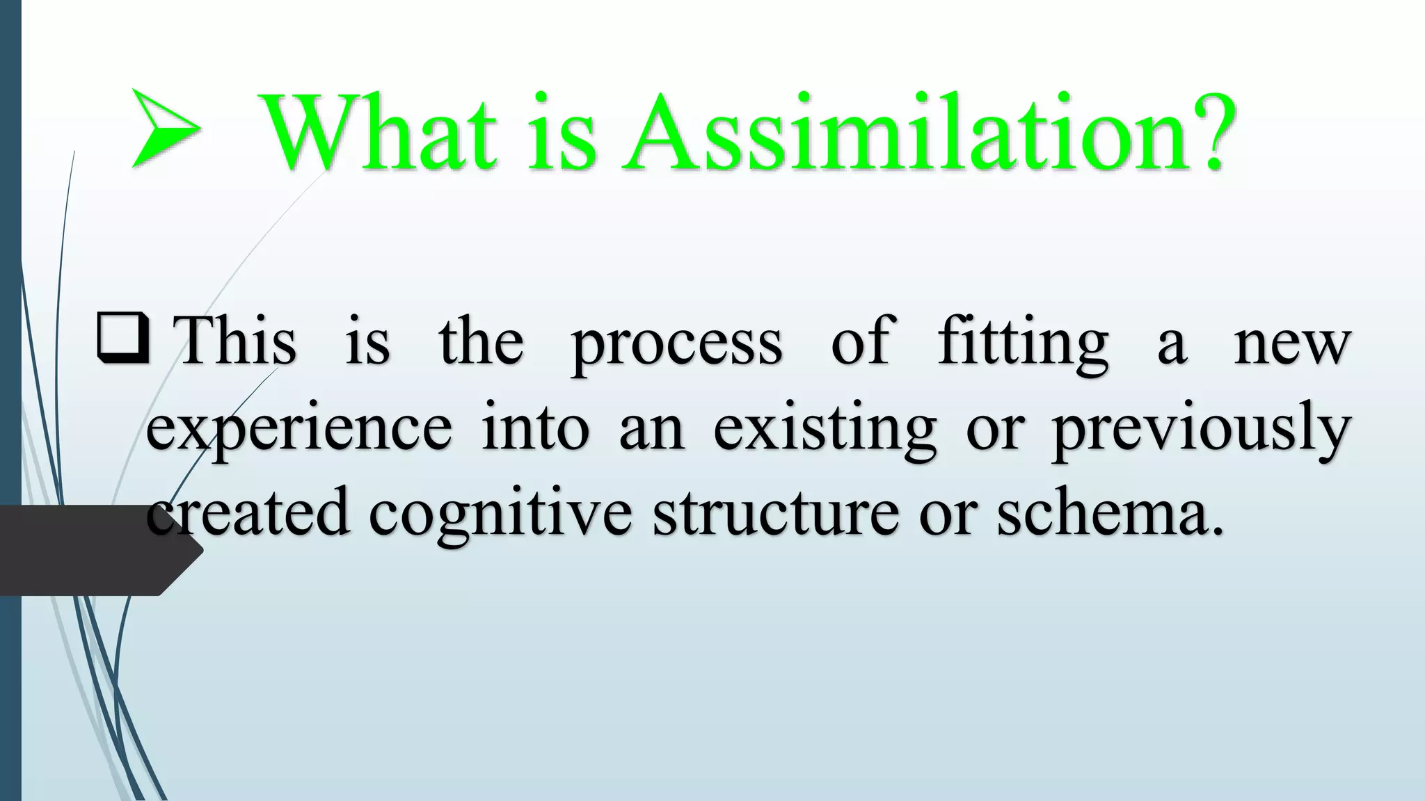  What is Assimilation?
 This is the process of fitting a new
experience into an existing or previously
created cognitive structure or schema.
 