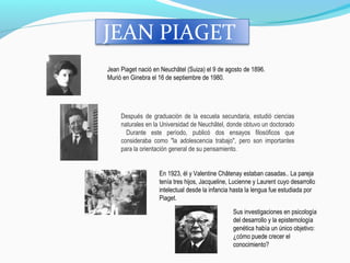 JEAN PIAGET
Jean Piaget nació en Neuchâtel (Suiza) el 9 de agosto de 1896.
Murió en Ginebra el 16 de septiembre de 1980.
Después de graduación de la escuela secundaria, estudió ciencias
naturales en la Universidad de Neuchâtel, donde obtuvo un doctorado
Durante este período, publicó dos ensayos filosóficos que
consideraba como "la adolescencia trabajo", pero son importantes
para la orientación general de su pensamiento.
En 1923, él y Valentine Châtenay estaban casadas.. La pareja
tenía tres hijos, Jacqueline, Lucienne y Laurent cuyo desarrollo
intelectual desde la infancia hasta la lengua fue estudiada por
Piaget.
Sus investigaciones en psicología
del desarrollo y la epistemología
genética había un único objetivo:
¿cómo puede crecer el
conocimiento?
 