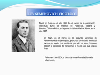 LEV SEMENOVICH VIGOTSKY
Nació en Rusia en el año 1896. En el campo de la preparación
intelectual, cursó las materias de Psicología, filosofía y
literatura.Obtuvo el título en leyes en la Universidad de Moscú en el
año 1917.
En 1924, en el marco de El Segundo Congreso de
Psiconeurología en Leningrado, pronuncia un discurso en el cual
expresa su teoría, que manifiesta que sólo los seres humanos
poseen la capacidad de transformar el medio para sus propios
fines.
Fallece en l año 1934, a causa de una enfermedad llamada
tuberculosis.
 