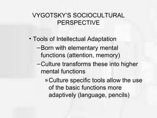 VYGOTSKY’S SOCIOCULTURAL
PERSPECTIVE
• Tools of Intellectual Adaptation
–Born with elementary mental
functions (attention, memory)
–Culture transforms these into higher
mental functions
»Culture specific tools allow the use
of the basic functions more
adaptively (language, pencils)
 