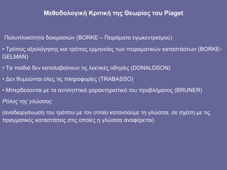 Μεθοδολογική Κριτική της Θεωρίας του  Piaget Πολυπλοκότητα δοκιμασιών ( BORKE –  Πειράματα εγωκεντρισμού) Τρόπος αξιολόγησης και τρόπος ερμηνείας των πειραματικών καταστάσεων ( BORKE-GELMAN) Τα παιδιά δεν καταλαβαίνουν τις λεκτικές οδηγίες ( DONALDSON ) Δεν θυμούνται όλες τις πληροφορίες ( TRABASSO ) Μπερδεύονται με τα αντιληπτικά χαρακτηριστικά του προβλήματος ( BRUNER ) Ρόλος της γλώσσας (αναδιοργάνωση του τρόπου με τον οποίο κατανοούμε τη γλώσσα, σε σχέση με τις πραγματικές καταστάσεις στις οποίες η γλώσσα αναφέρεται) 