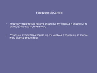 Πειράματα  McCarrigle Υπάρχουν περισσότερα κόκκινα βήματα ως την καρέκλα ή βήματα ως το τραπέζι (38% σωστές απαντήσεις) Υπάρχουν περισσότερα βήματα ως την καρέκλα ή βήματα ως το τραπέζι (66% σωστές απαντήσεις) 