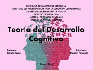 Teoría del Desarrollo
Cognitivo
REPÚBLICA BOLIVARIANA DE VENEZUELA
MINISTERIO DEL PODER POPULAR PARA LA EDUCACIÓN UNIVERSITARIA
UNIVERSIDAD BICENTENARIA DE ARAGUA
FACULTAD DE PSICOLOGIA
MATERIA: PSICOLOGIA GENERAL II
VALLE DE LA PASCUA—GUÁRICO
Profesora: Estudiante:
Fabiola Acuña Maria E. Panzarelli
Marzo - 2016
 