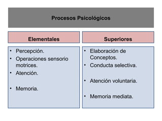 Procesos Psicológicos
Elementales
• Percepción.
• Operaciones sensorio
motrices.
• Atención.
• Memoria.
Superiores
• Elaboración de
Conceptos.
• Conducta selectiva.
• Atención voluntaria.
• Memoria mediata.
 