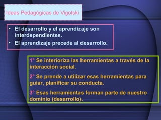 Ideas Pedagógicas de Vigotski
• El desarrollo y el aprendizaje son
interdependientes.
• El aprendizaje precede al desarrollo.
1° Se interioriza las herramientas a través de la
interacción social.
2° Se prende a utilizar esas herramientas para
guiar, planificar su conducta.
3° Esas herramientas forman parte de nuestro
dominio (desarrollo).
 