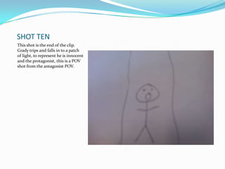 SHOT TEN
This shot is the end of the clip.
Grady trips and falls in to a patch
of light, to represent he is innocent
and the protagonist, this is a POV
shot from the antagonist POV.
 