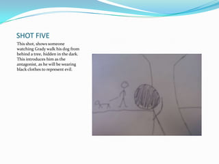 SHOT FIVE
This shot, shows someone
watching Grady walk his dog from
behind a tree, hidden in the dark.
This introduces him as the
antagonist, as he will be wearing
black clothes to represent evil.
 
