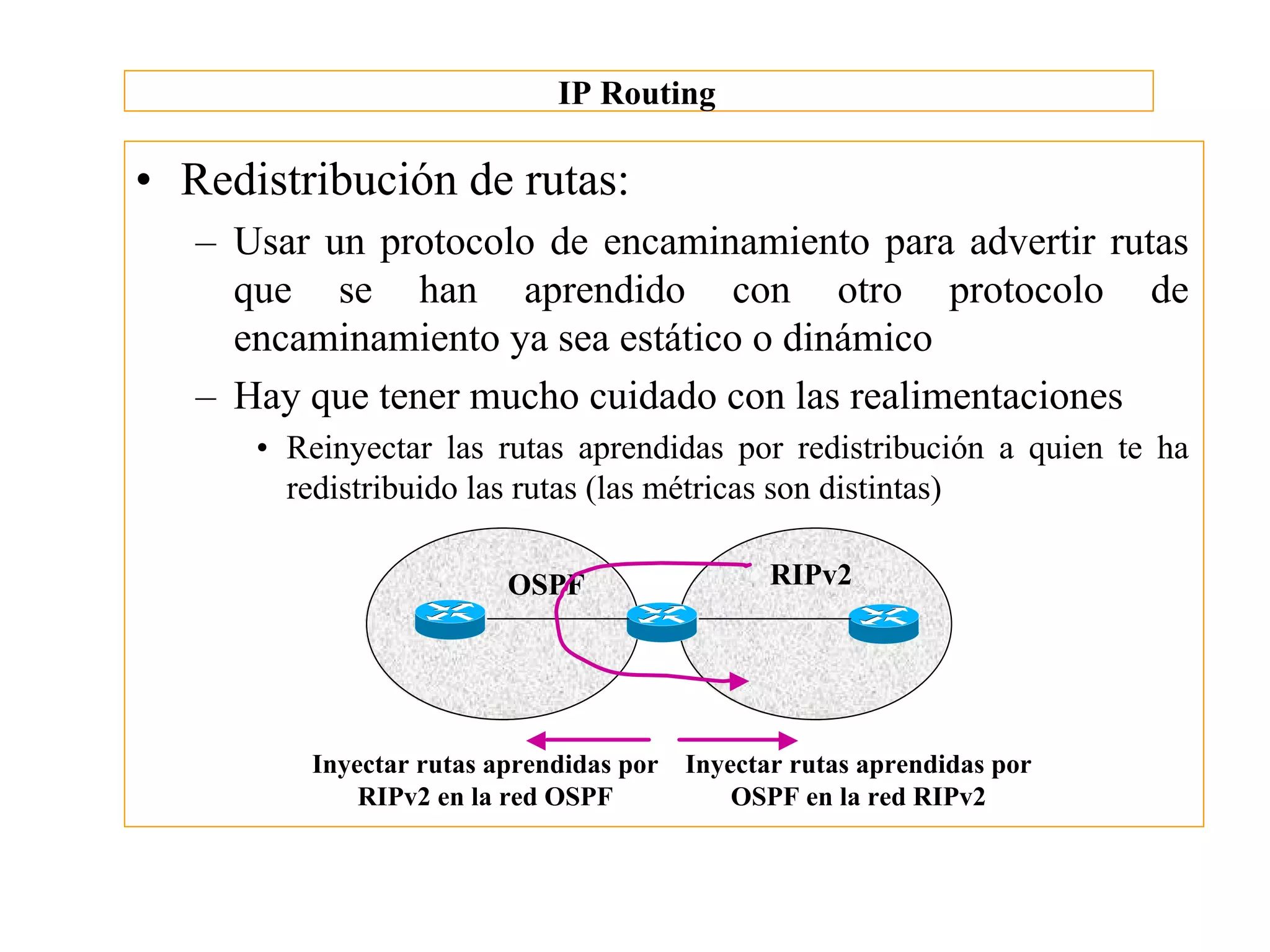 IP Routing

• Redistribución de rutas:
   – Usar un protocolo de encaminamiento para advertir rutas
     que se han aprendido con otro protocolo de
     encaminamiento ya sea estático o dinámico
   – Hay que tener mucho cuidado con las realimentaciones
      • Reinyectar las rutas aprendidas por redistribución a quien te ha
        redistribuido las rutas (las métricas son distintas)

                         OSPF                 RIPv2




         Inyectar rutas aprendidas por Inyectar rutas aprendidas por
             RIPv2 en la red OSPF          OSPF en la red RIPv2
 