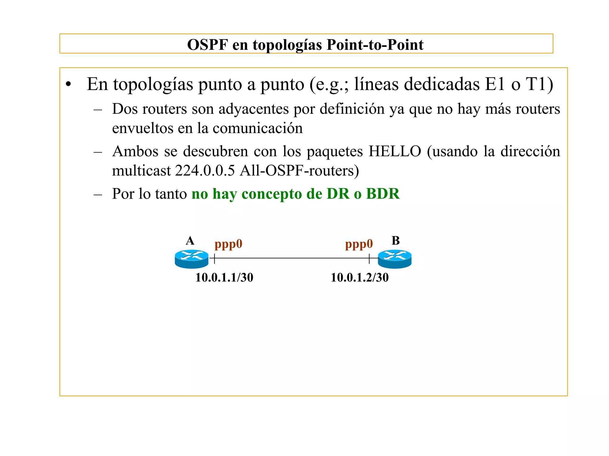 OSPF en topologías Point-to-Point

• En topologías punto a punto (e.g.; líneas dedicadas E1 o T1)
   – Dos routers son adyacentes por definición ya que no hay más routers
     envueltos en la comunicación
   – Ambos se descubren con los paquetes HELLO (usando la dirección
     multicast 224.0.0.5 All-OSPF-routers)
   – Por lo tanto no hay concepto de DR o BDR

                A      ppp0             ppp0       B

                    10.0.1.1/30      10.0.1.2/30
 